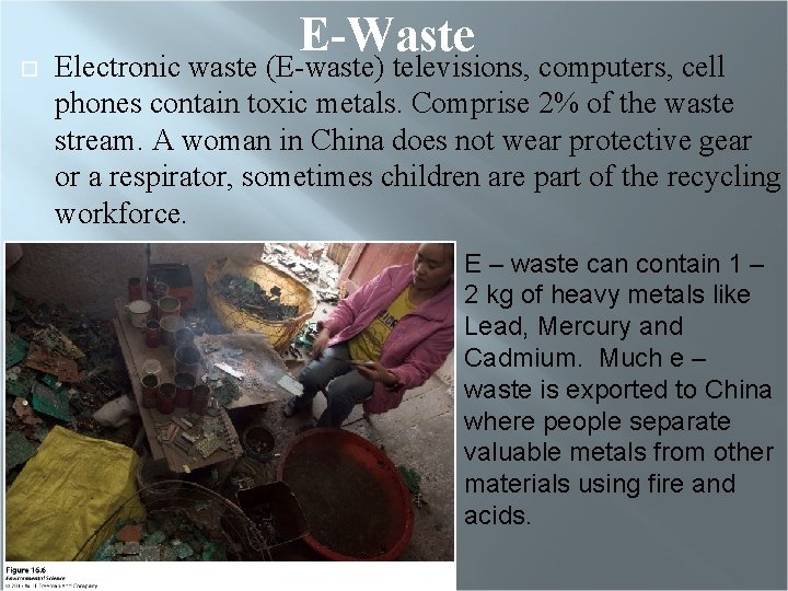  E-Waste Electronic waste (E-waste) televisions, computers, cell phones contain toxic metals. Comprise 2%