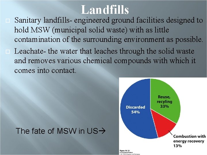 Landfills Sanitary landfills- engineered ground facilities designed to hold MSW (municipal solid waste) with