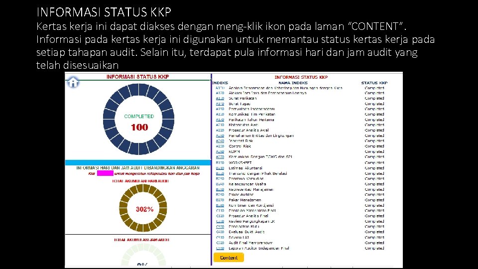 INFORMASI STATUS KKP Kertas kerja ini dapat diakses dengan meng-klik ikon pada laman “CONTENT”.
