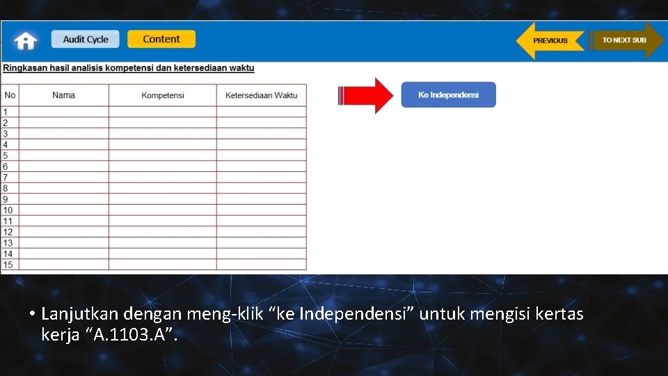  • Lanjutkan dengan meng-klik “ke Independensi” untuk mengisi kertas kerja “A. 1103. A”.