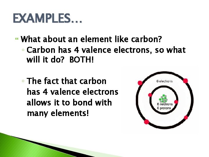 EXAMPLES… What about an element like carbon? ◦ Carbon has 4 valence electrons, so