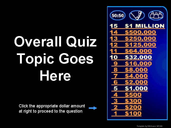 Overall Quiz Topic Goes Here Click the appropriate dollar amount at right to proceed