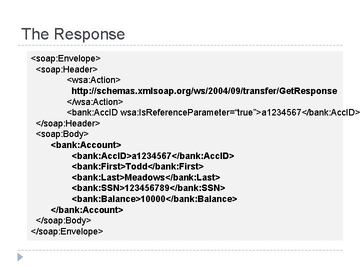 The Response <soap: Envelope> <soap: Header> <wsa: Action> http: //schemas. xmlsoap. org/ws/2004/09/transfer/Get. Response </wsa: