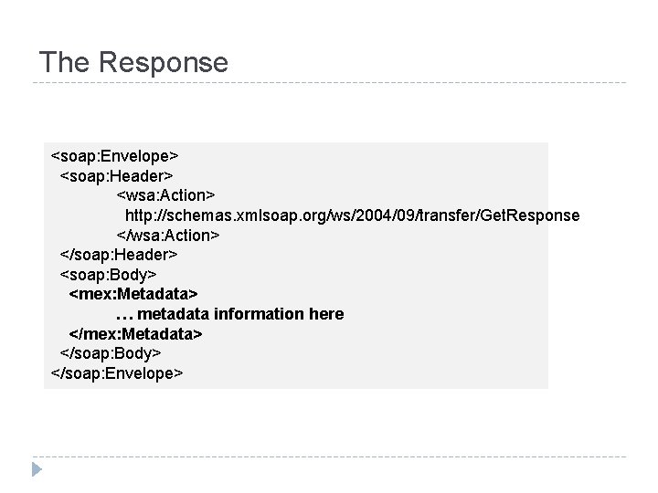 The Response <soap: Envelope> <soap: Header> <wsa: Action> http: //schemas. xmlsoap. org/ws/2004/09/transfer/Get. Response </wsa:
