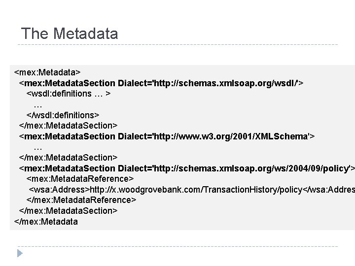 The Metadata <mex: Metadata> <mex: Metadata. Section Dialect='http: //schemas. xmlsoap. org/wsdl/'> <wsdl: definitions …