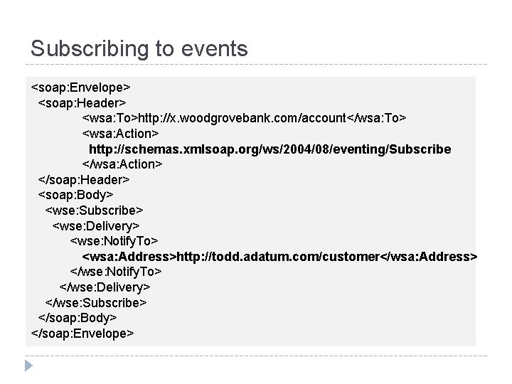 Subscribing to events <soap: Envelope> <soap: Header> <wsa: To>http: //x. woodgrovebank. com/account</wsa: To> <wsa: