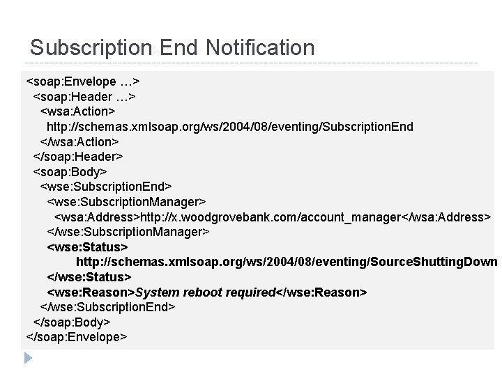 Subscription End Notification <soap: Envelope …> <soap: Header …> <wsa: Action> http: //schemas. xmlsoap.