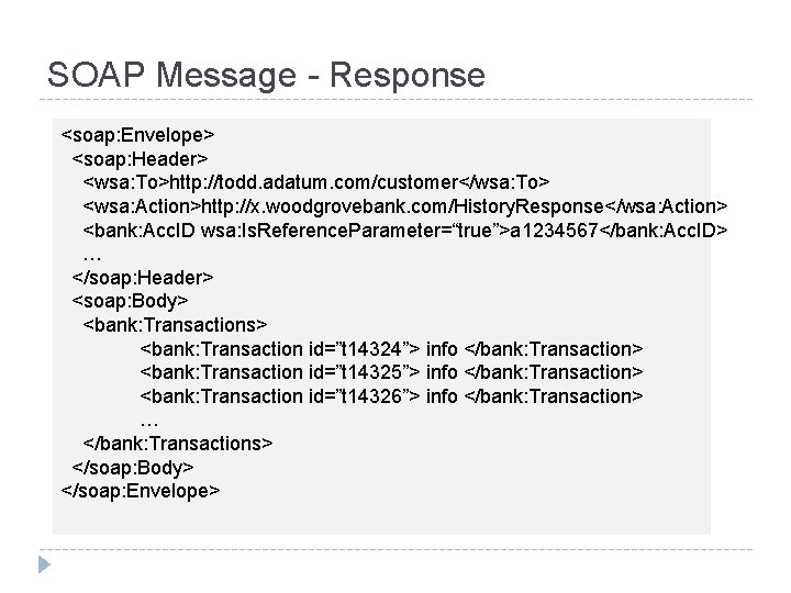 SOAP Message - Response <soap: Envelope> <soap: Header> <wsa: To>http: //todd. adatum. com/customer</wsa: To>