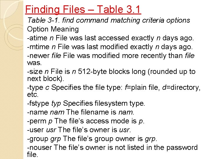 Finding Files – Table 3. 1 Table 3 -1. find command matching criteria options