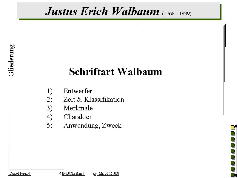 Gliederung Justus Erich Walbaum (1768 - 1839) Schriftart Walbaum 1) 2) 3) 4) 5)