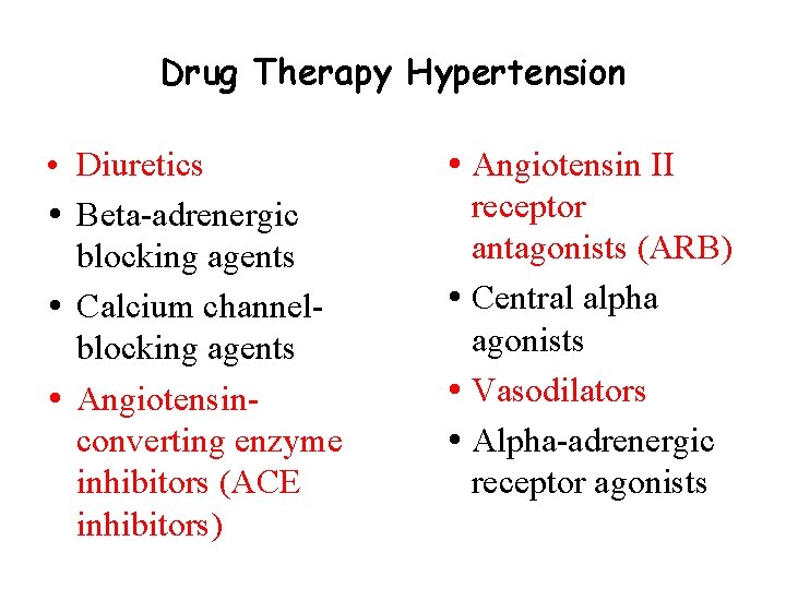 Drug Therapy Hypertension • Diuretics Beta-adrenergic blocking agents Calcium channelblocking agents Angiotensinconverting enzyme inhibitors