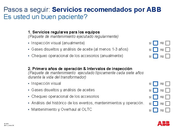 Pasos a seguir: Servicios recomendados por ABB Es usted un buen paciente? 1. Servicios