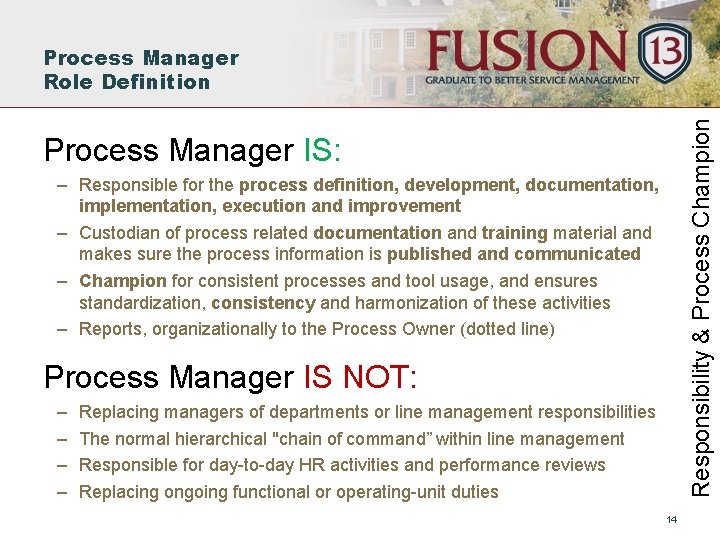 Responsibility & Process Champion Process Manager Role Definition Process Manager IS: – Responsible for