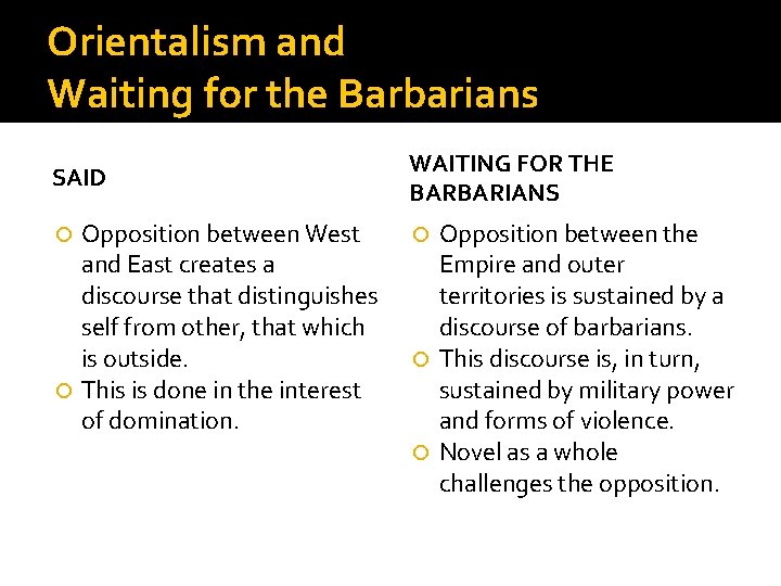 Orientalism and Waiting for the Barbarians SAID Opposition between West and East creates a
