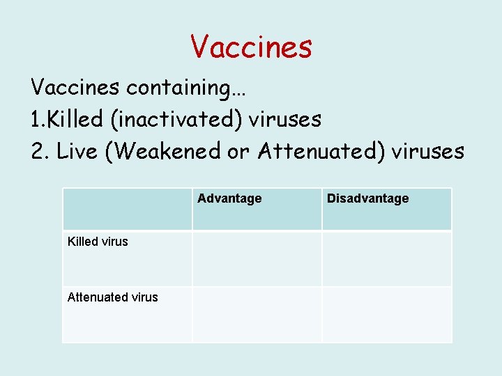 Vaccines containing… 1. Killed (inactivated) viruses 2. Live (Weakened or Attenuated) viruses Advantage Killed