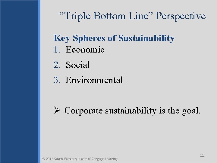 “Triple Bottom Line” Perspective Key Spheres of Sustainability 1. Economic 2. Social 3. Environmental