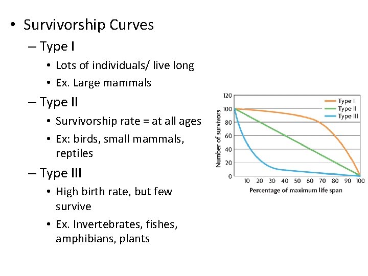  • Survivorship Curves – Type I • Lots of individuals/ live long •