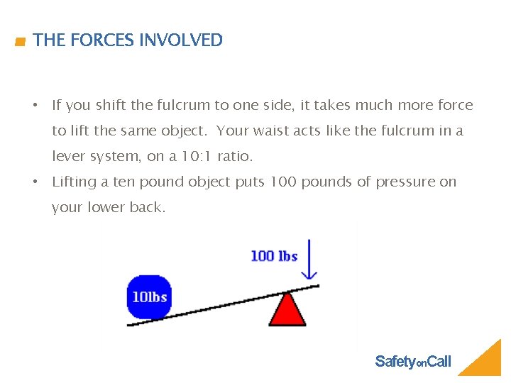 THE FORCES INVOLVED • If you shift the fulcrum to one side, it takes