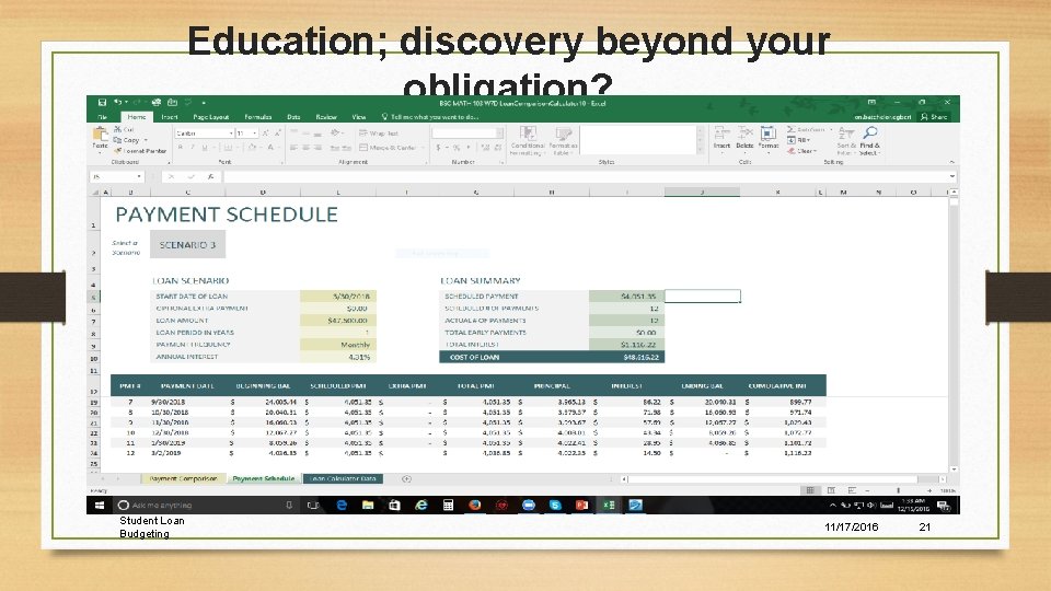 Education; discovery beyond your obligation? Student Loan Budgeting 11/17/2016 21 