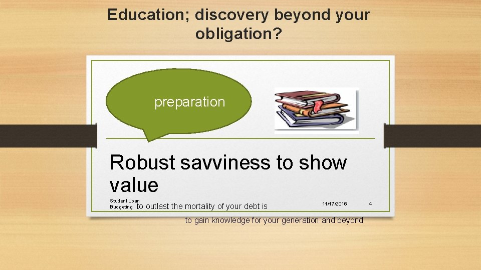 Education; discovery beyond your obligation? preparation Robust savviness to show value Student Loan Budgeting