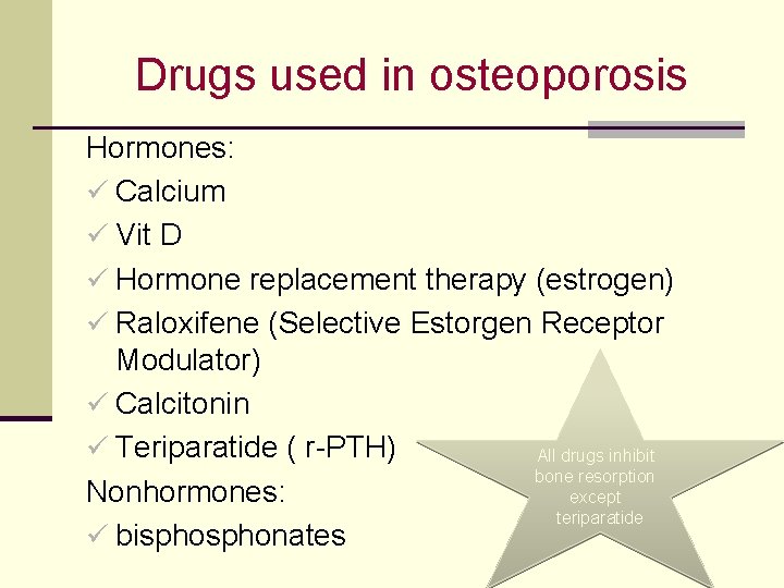 Drugs used in osteoporosis Hormones: ü Calcium ü Vit D ü Hormone replacement therapy