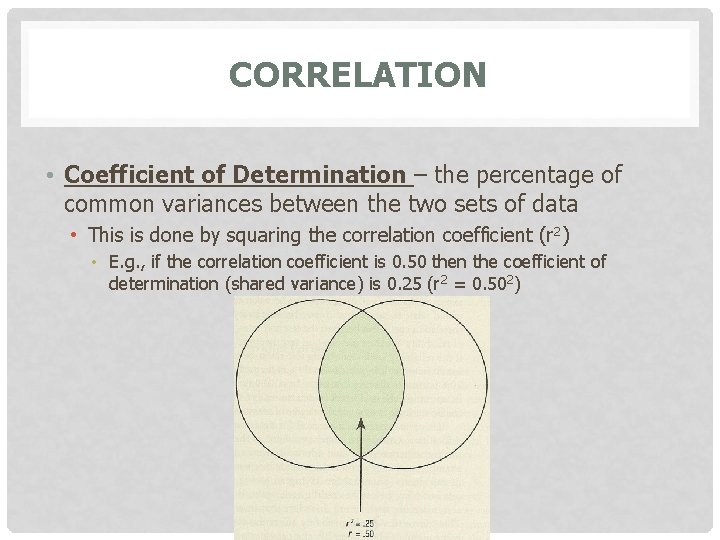 CORRELATION • Coefficient of Determination – the percentage of common variances between the two