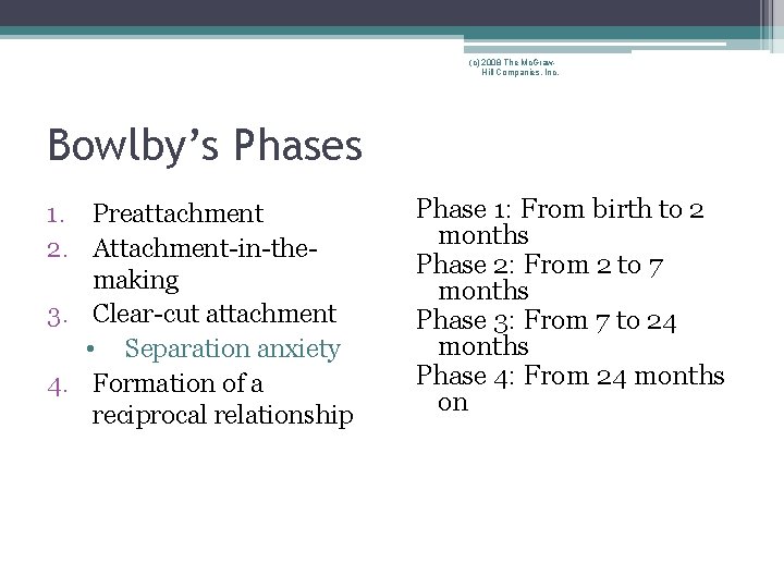 (c) 2008 The Mc. Graw. Hill Companies, Inc. Bowlby’s Phases 1. Preattachment 2. Attachment-in-themaking