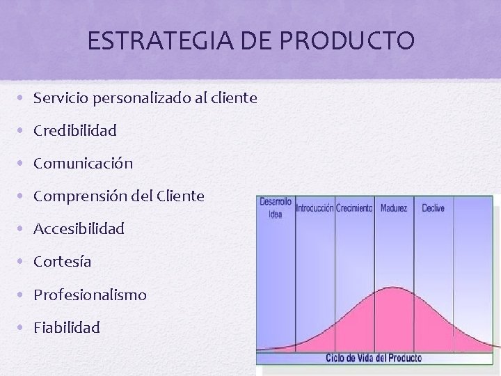 ESTRATEGIA DE PRODUCTO • Servicio personalizado al cliente • Credibilidad • Comunicación • Comprensión