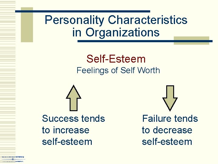 Personality Characteristics in Organizations Self-Esteem Feelings of Self Worth Success tends to increase self-esteem