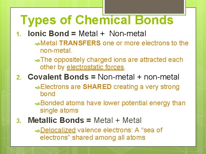 Types of Chemical Bonds 1. Ionic Bond = Metal + Non-metal Metal TRANSFERS one