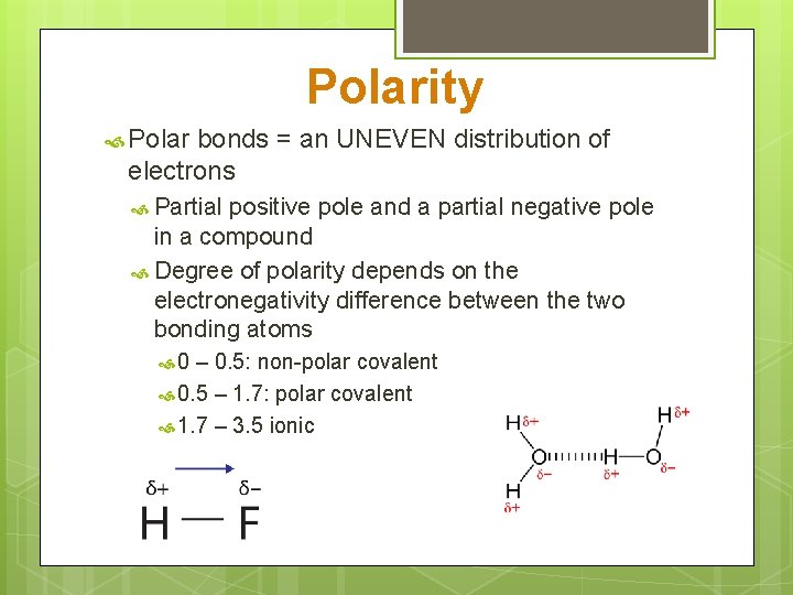 Polarity Polar bonds = an UNEVEN distribution of electrons Partial positive pole and a