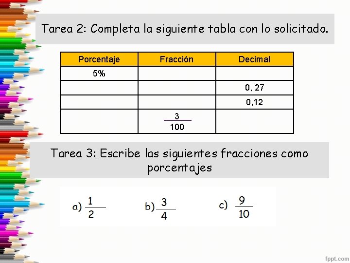 Tarea 2: Completa la siguiente tabla con lo solicitado. Porcentaje Fracción Decimal 5% 0,