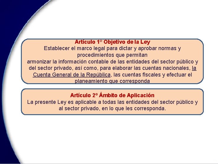 Artículo 1º Objetivo de la Ley Establecer el marco legal para dictar y aprobar