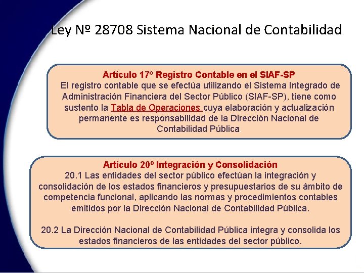 Ley Nº 28708 Sistema Nacional de Contabilidad Artículo 17º Registro Contable en el SIAF-SP