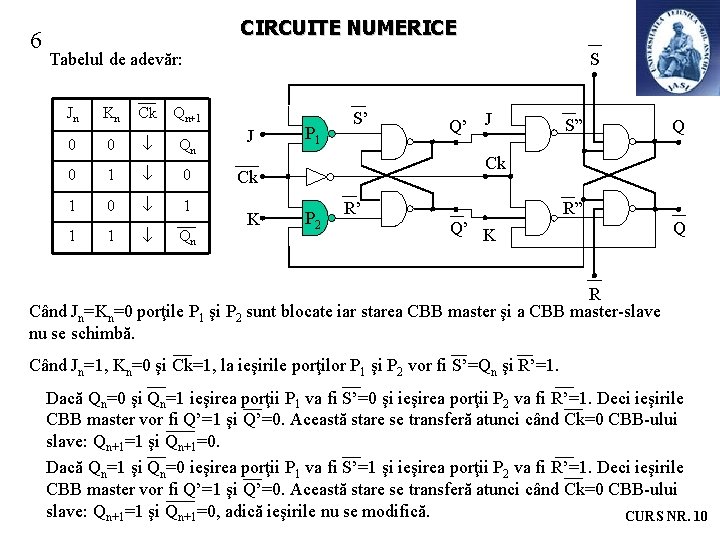 6 CIRCUITE NUMERICE S Tabelul de adevăr: Jn Kn Ck Qn+1 0 0 Qn