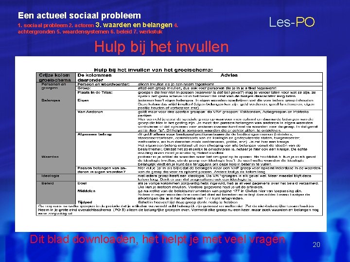 Een actueel sociaal probleem 1. sociaal probleem 2. actoren 3. waarden en belangen 4.