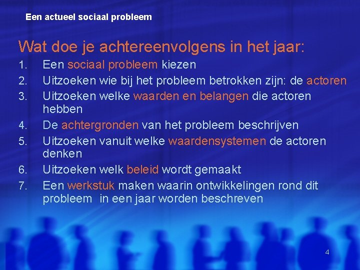 Een actueel sociaal probleem Wat doe je achtereenvolgens in het jaar: 1. 2. 3.