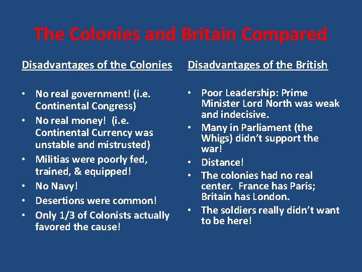 The Colonies and Britain Compared Disadvantages of the Colonies Disadvantages of the British •
