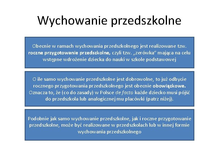 Wychowanie przedszkolne Obecnie w ramach wychowania przedszkolnego jest realizowane tzw. roczne przygotowanie przedszkolne, czyli