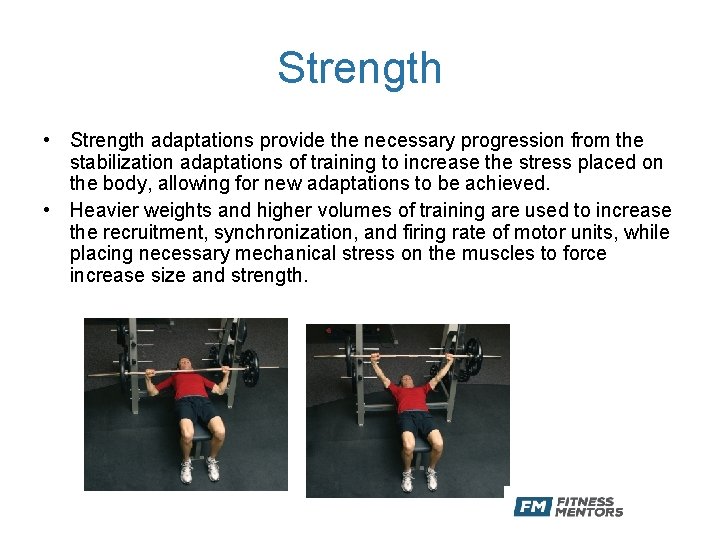 Strength • Strength adaptations provide the necessary progression from the stabilization adaptations of training