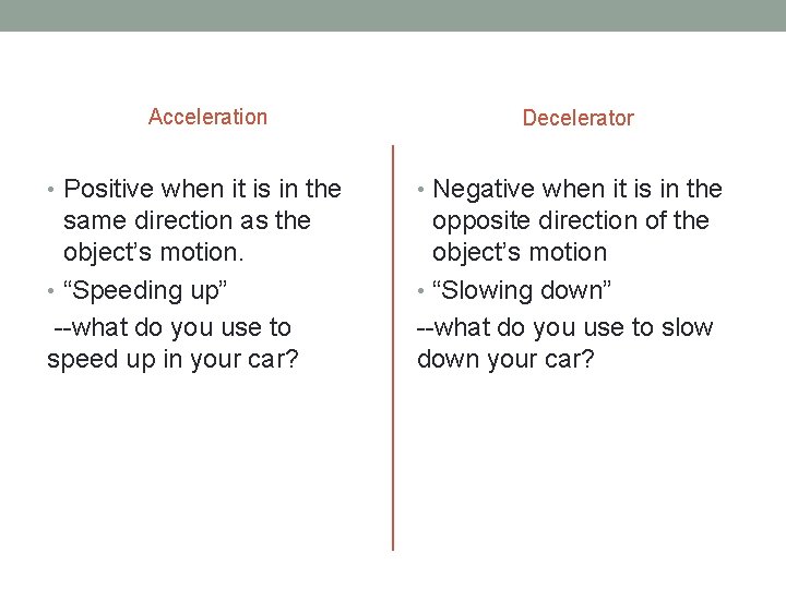 Acceleration Decelerator • Positive when it is in the • Negative when it is
