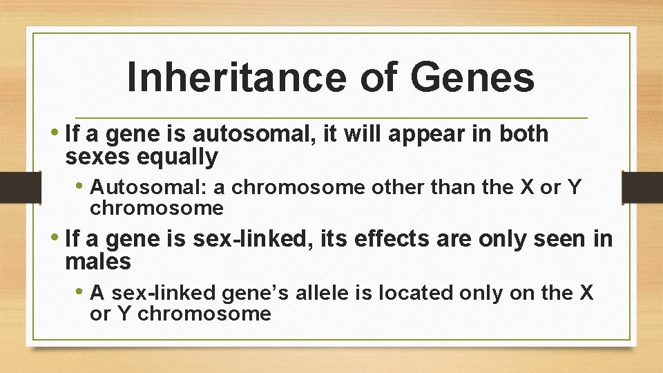 Inheritance of Genes • If a gene is autosomal, it will appear in both
