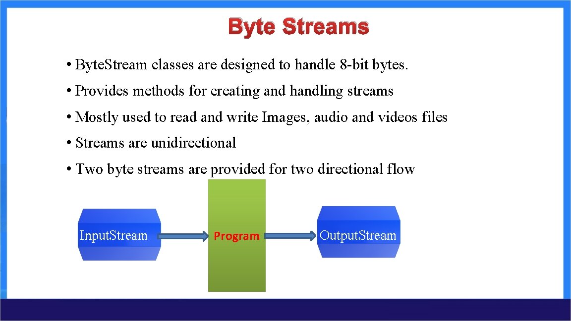 Byte Streams • Byte. Stream classes are designed to handle 8 -bit bytes. • Byte Streams • Byte. Stream classes are designed to handle 8 -bit bytes. •