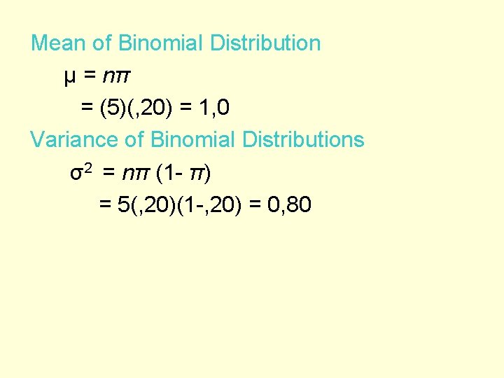 Mean of Binomial Distribution μ = nπ = (5)(, 20) = 1, 0 Variance