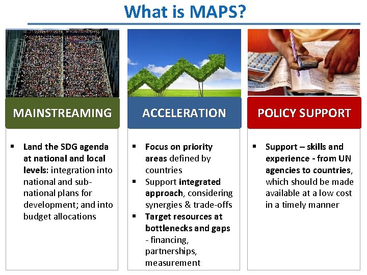What is MAPS? MAINSTREAMING ACCELERATION POLICY SUPPORT § Land the SDG agenda at national