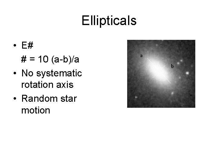 Ellipticals • E# # = 10 (a-b)/a • No systematic rotation axis • Random