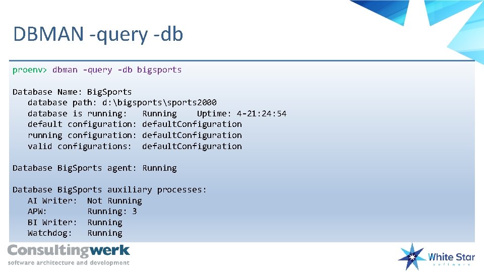 DBMAN -query -db proenv> dbman -query -db bigsports Database Name: Big. Sports database path: