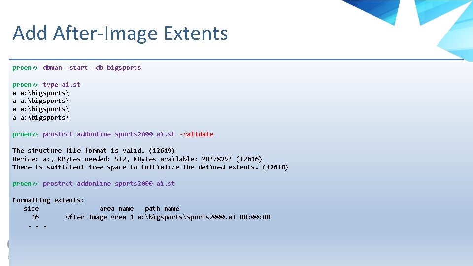 Add After-Image Extents proenv> dbman –start –db bigsports proenv> type ai. st a a: