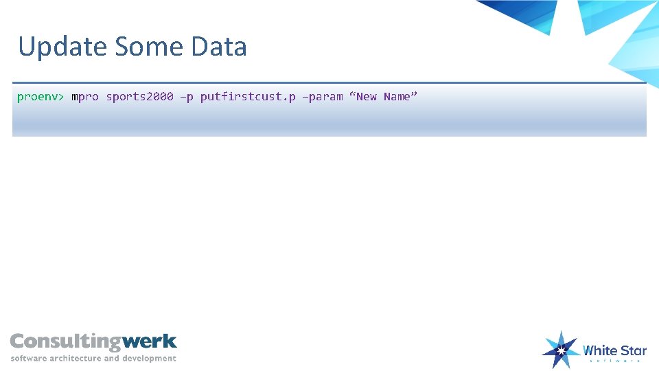 Update Some Data proenv> mpro sports 2000 –p putfirstcust. p –param “New Name” 