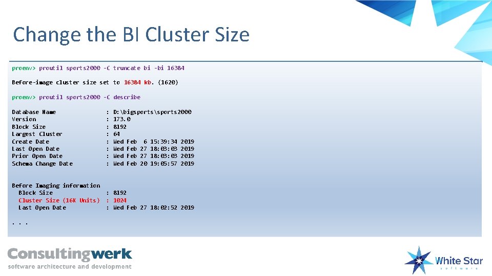 Change the BI Cluster Size proenv> proutil sports 2000 -C truncate bi -bi 16384